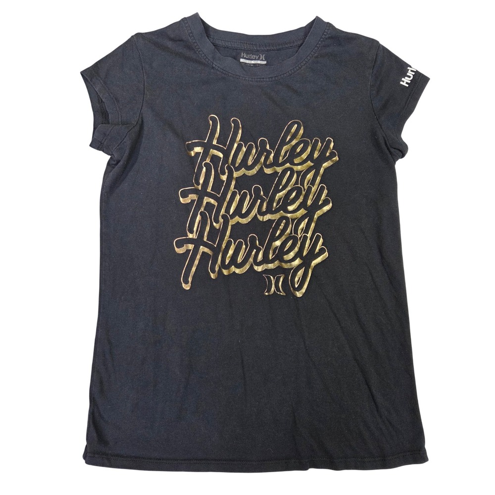 Hurley Black Graphic Tee Gold Foil Logo Short Sleeve Shirt Girls L 12/14